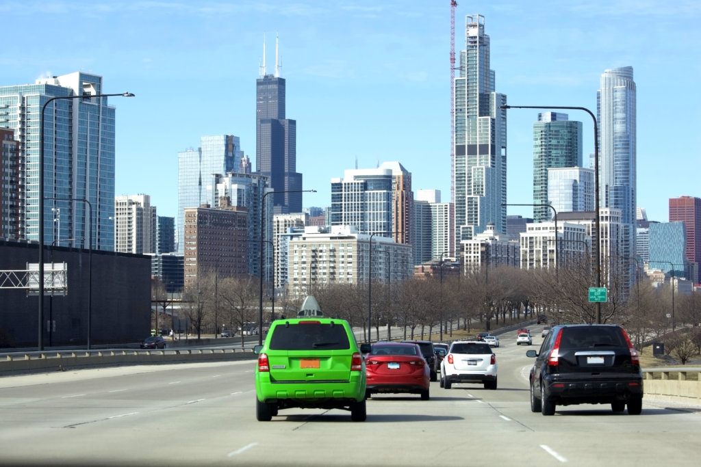 The Chicago skyline from a highway
