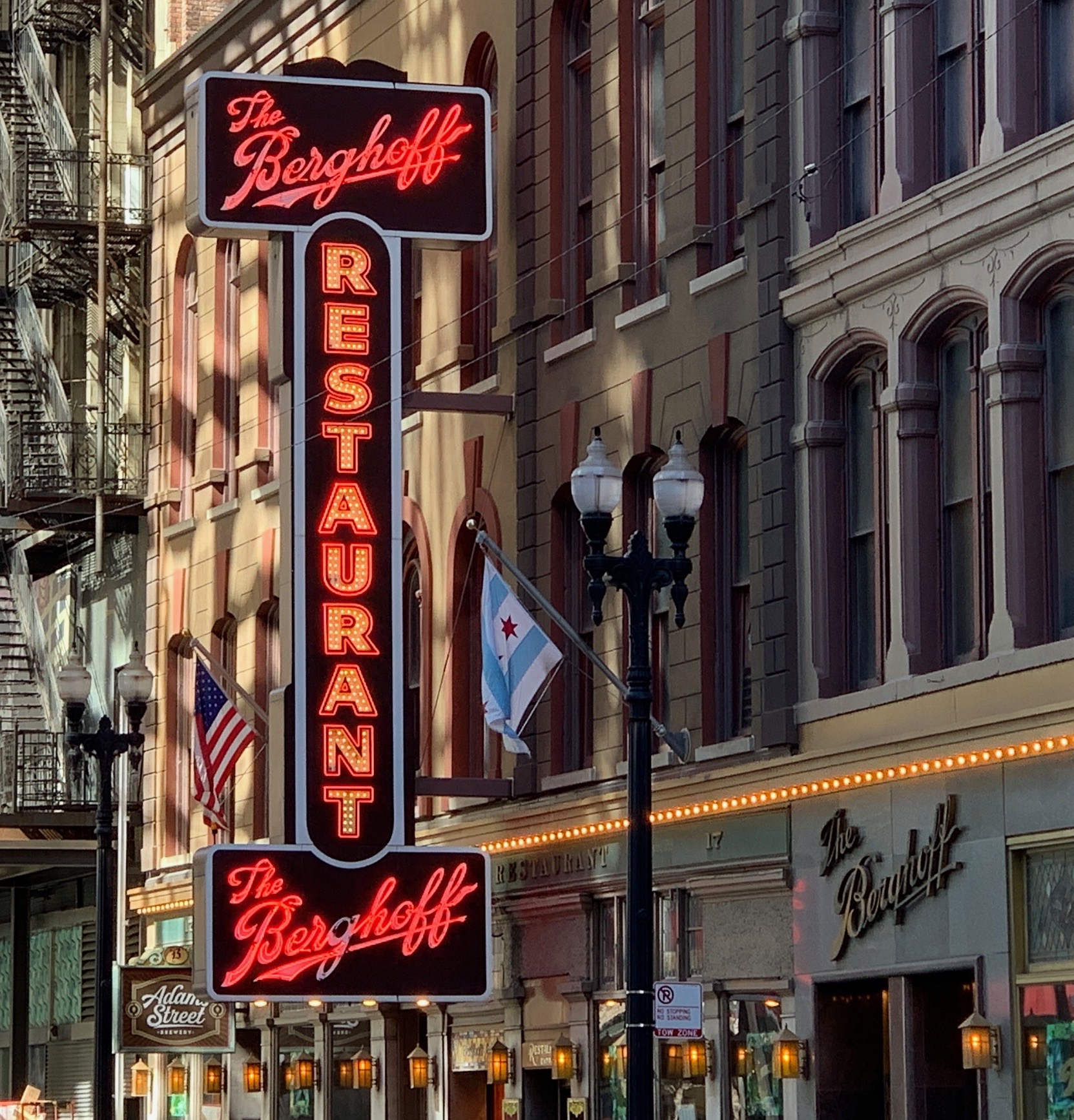 Lit up sign of The Berghoff Restaurant in Wicker Park, Chicago