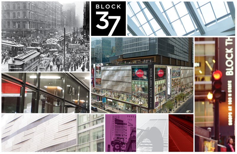 Image collage of buildings and attractions in Block 37 in Chicago's Loop Theater District